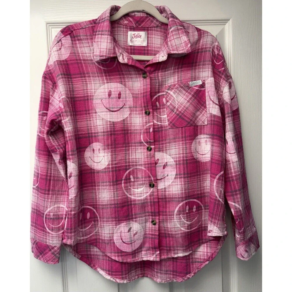Justice Long Sleeve Smiley Face Button-Up Pink Flannel Girls Size XL